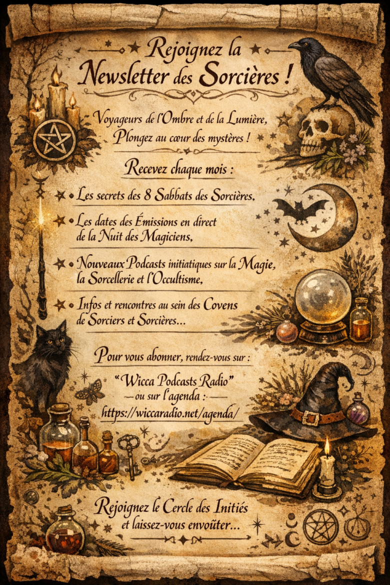 Wicca Podcasts Radio - la Newsletter des Sorcières ! 

Ô Voyageur des Arcanes… Approche, et laisse les voiles du Monde Invisible s’entrouvrir devant toi. Ce parchemin enchanté t’invite à rejoindre le cercle discret de celles et ceux qui marchent entre les ombres et la lumière : la Newsletter des Sorcières.

Chaque lune, tu y découvriras :

Les secrets des 8 Sabbats, leurs symboles, leurs rites, leurs énergies changeantes. 

Les dates sacrées des émissions en direct de la Nuit des Magiciens, où les voix des Arcanes se mêlent aux récits des anciens. 

La parution de nouveaux podcasts initiatiques, révélant les mystères de la Magie, de la Sorcellerie, de la Wicca, de l’Esotérisme, de l’Occultisme et des Traditions oubliées. 

Des informations sur les Covens, les rencontres entre Sorciers et Sorcières, et les chemins qui mènent aux communautés de l’Art.
Si ton cœur résonne avec l’appel des Mystères… Si tu souhaites marcher plus loin sur la voie des Sorcières…

Inscris-toi à la Newsletter des Sorcières sur la plateforme Wicca Podcasts Radio : https://wiccaradio.net/la-newsletter-des-sorcieres/
